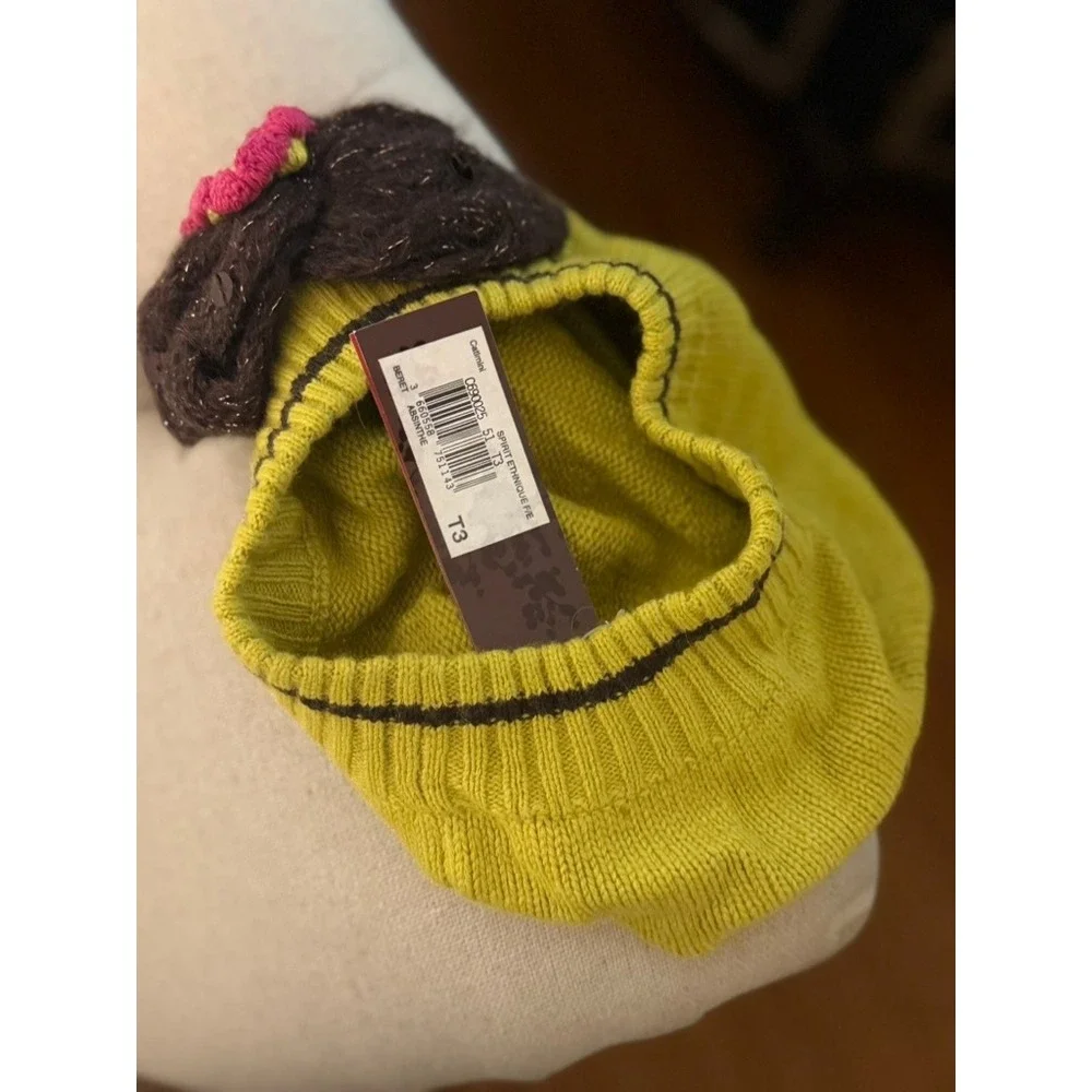 Vintage Catimini Girls Knit Beret Hat T3 Lime Green Floral Applique NWT
